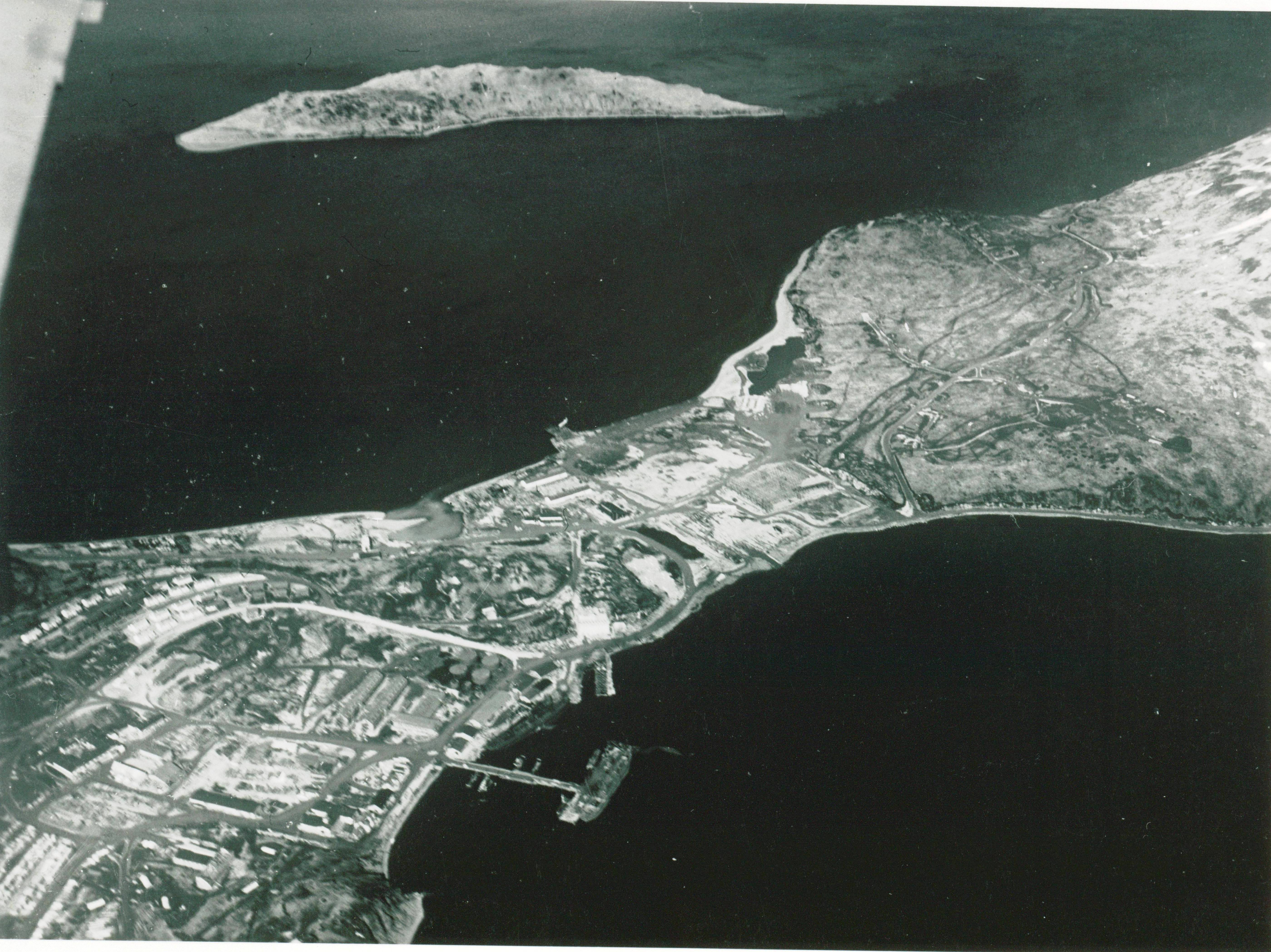 Aerial photo of military installations at Unalaska/Dutch Harbor