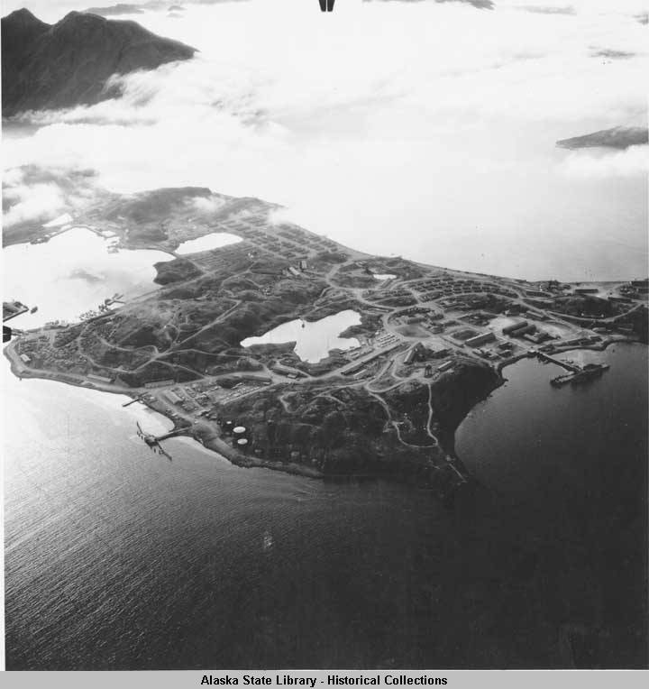 View of naval base and harbor, Dutch Harbor, 1942-1945