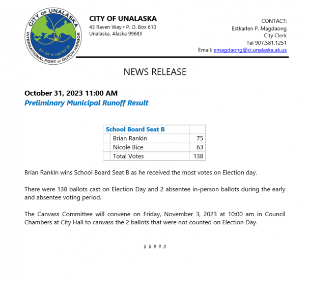 Preliminary Runoff Election Result