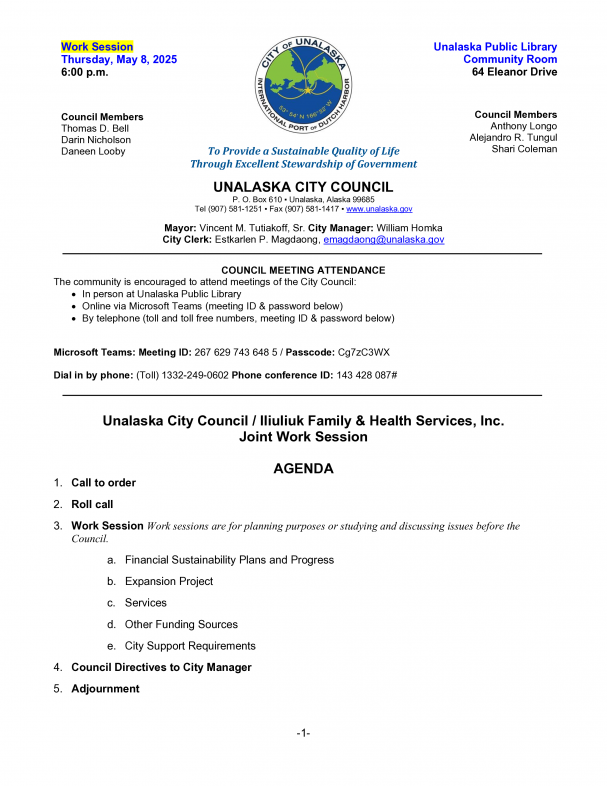 Unalaska City Council / IFHS Joint Work Session
