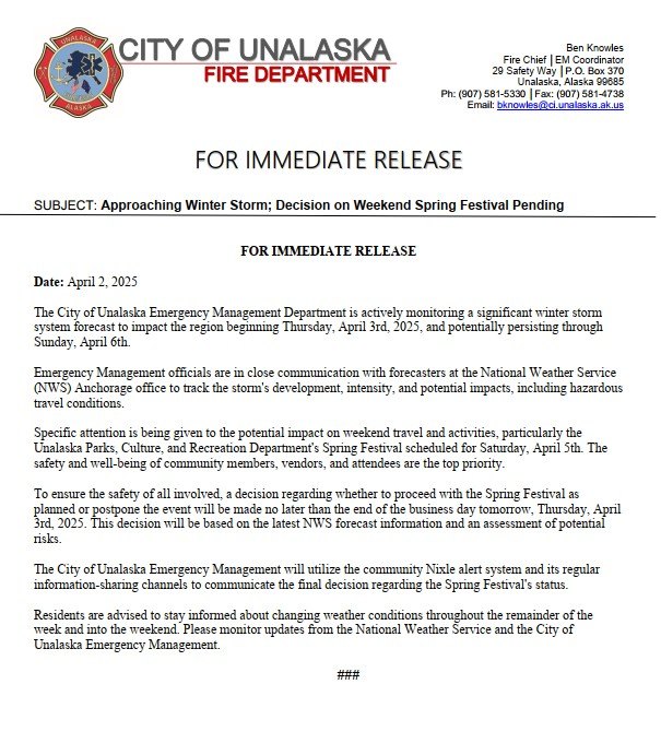 Press Release - Winter Storm April 2, 2025