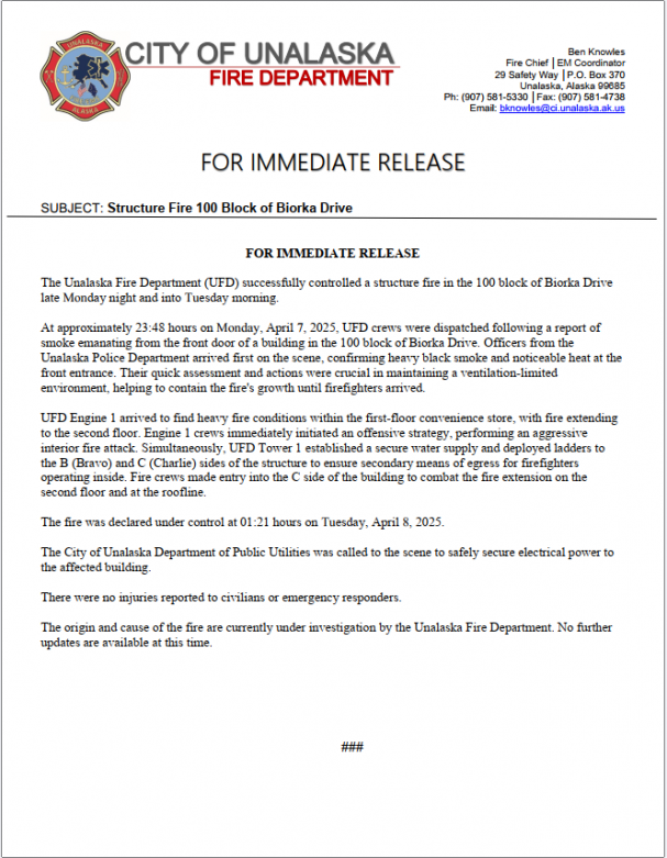 News Release 2025 04 08 Biorka Structure Fire