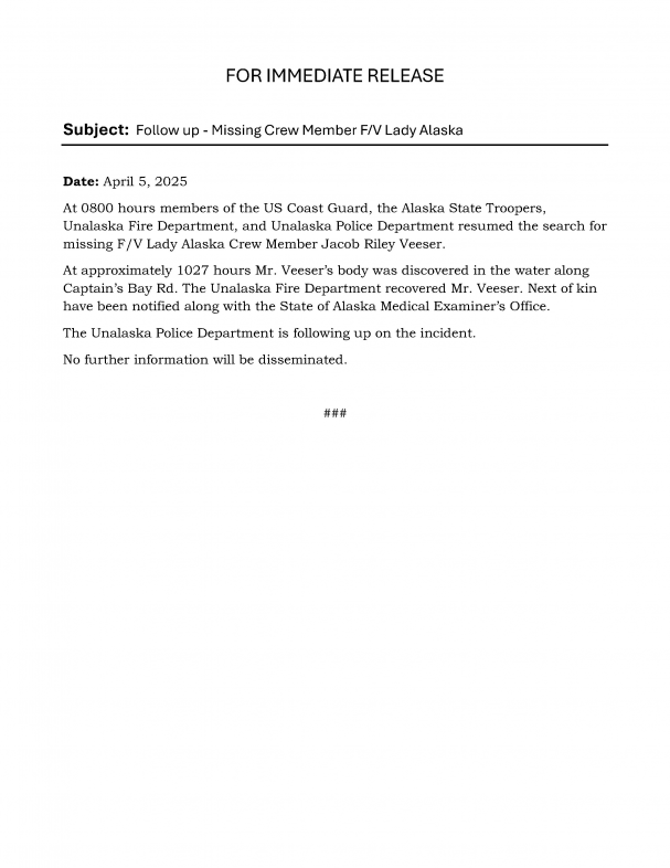 News Release April 5, 2025 - Follow up Missing Crew Member F/V Lady Alaska